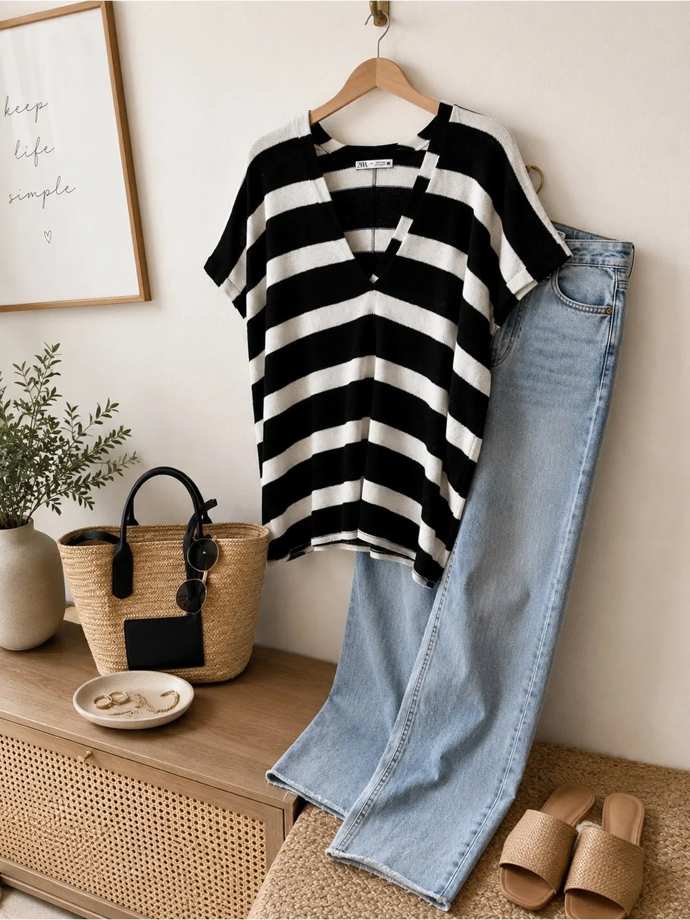 Zara Black White Striped Oversized V Neck Knit Top Size L Relaxed Dolman
